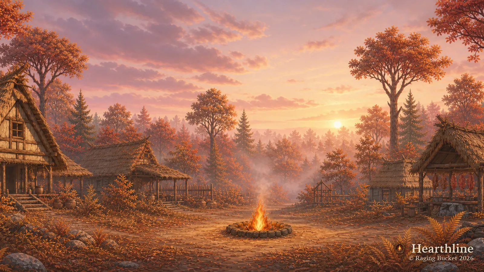 The Hearthline settlement — Autumn, dawn