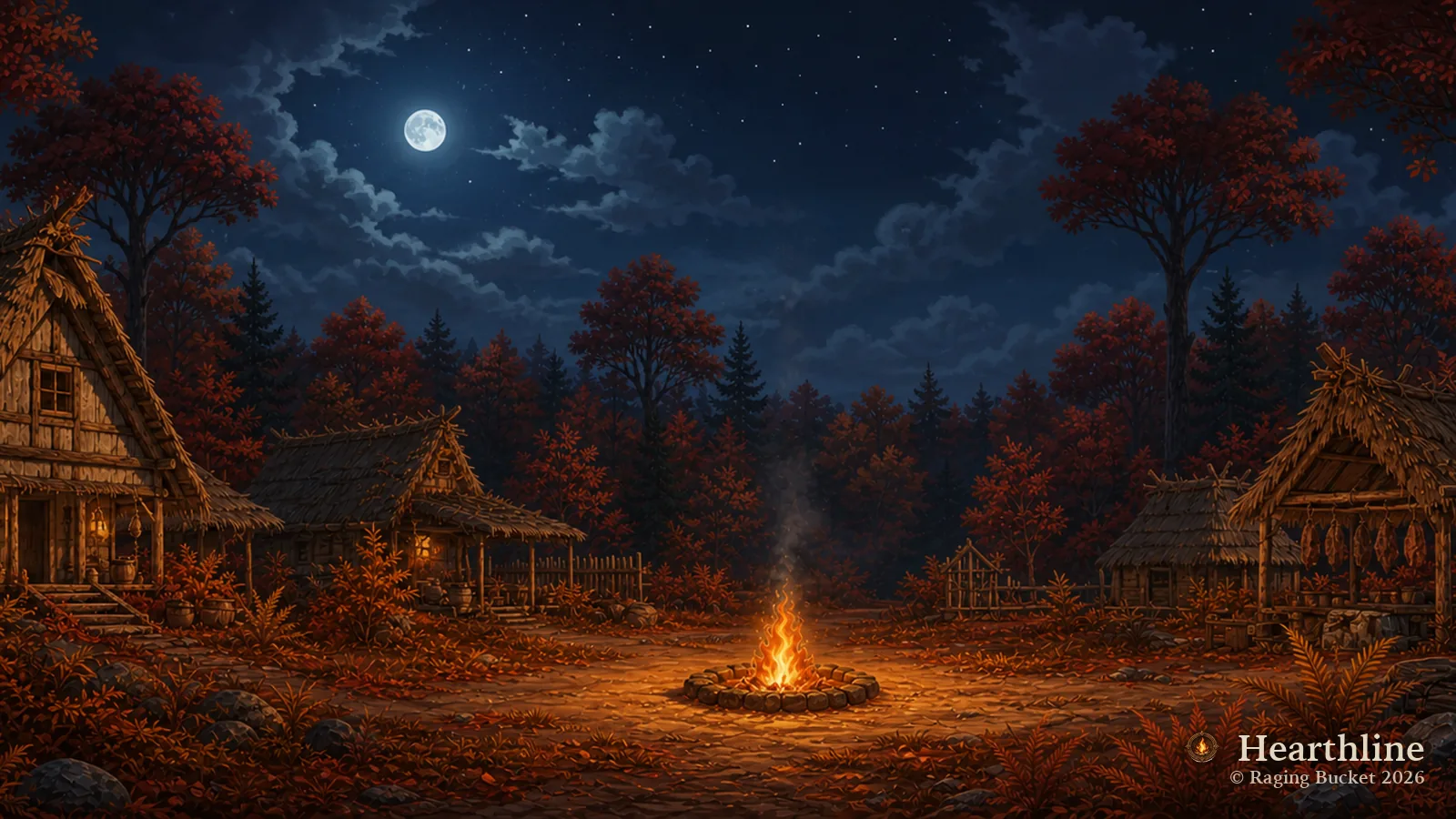 The Hearthline settlement — Autumn, night