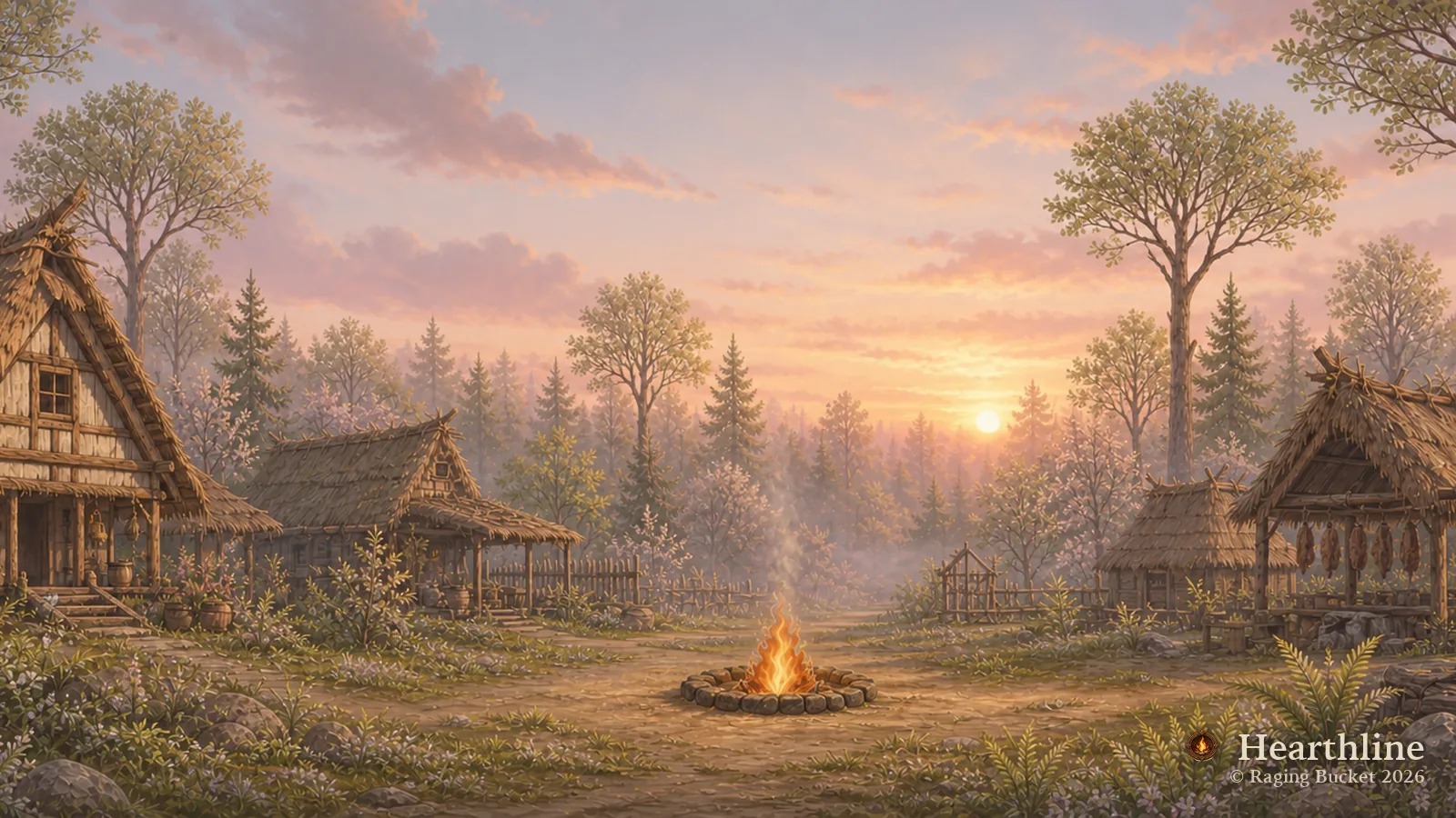 The Hearthline settlement — Spring, dawn