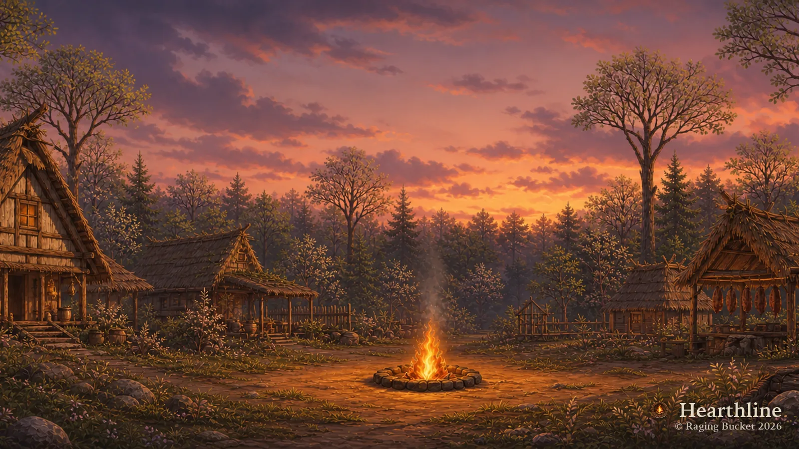 The Hearthline settlement — Spring, dusk