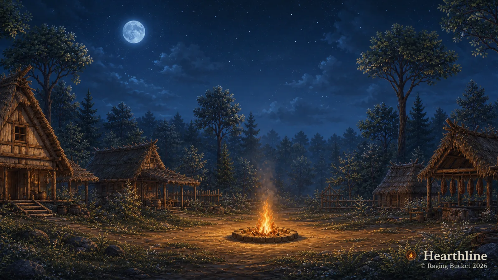 The Hearthline settlement — Spring, night