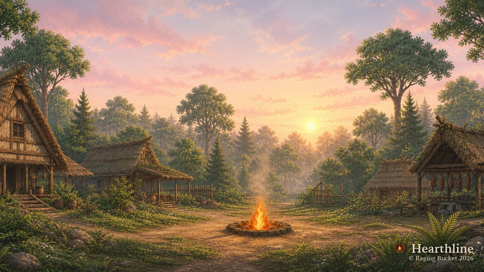 The Hearthline settlement — Summer, dawn