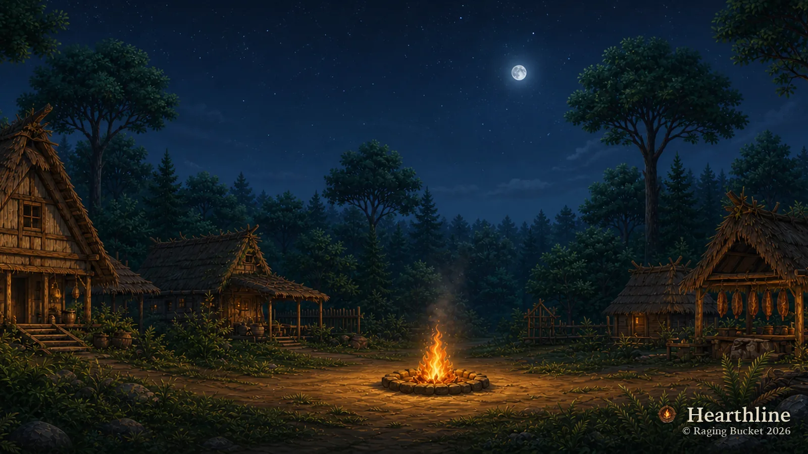 The Hearthline settlement — Summer, night