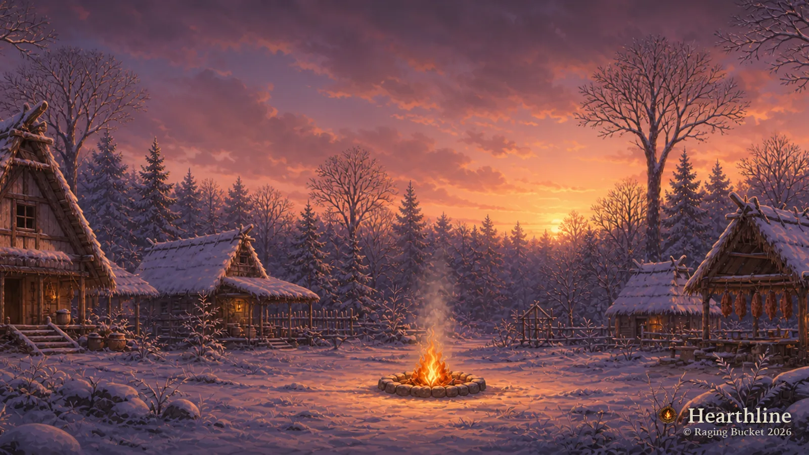 The Hearthline settlement — Winter, dusk