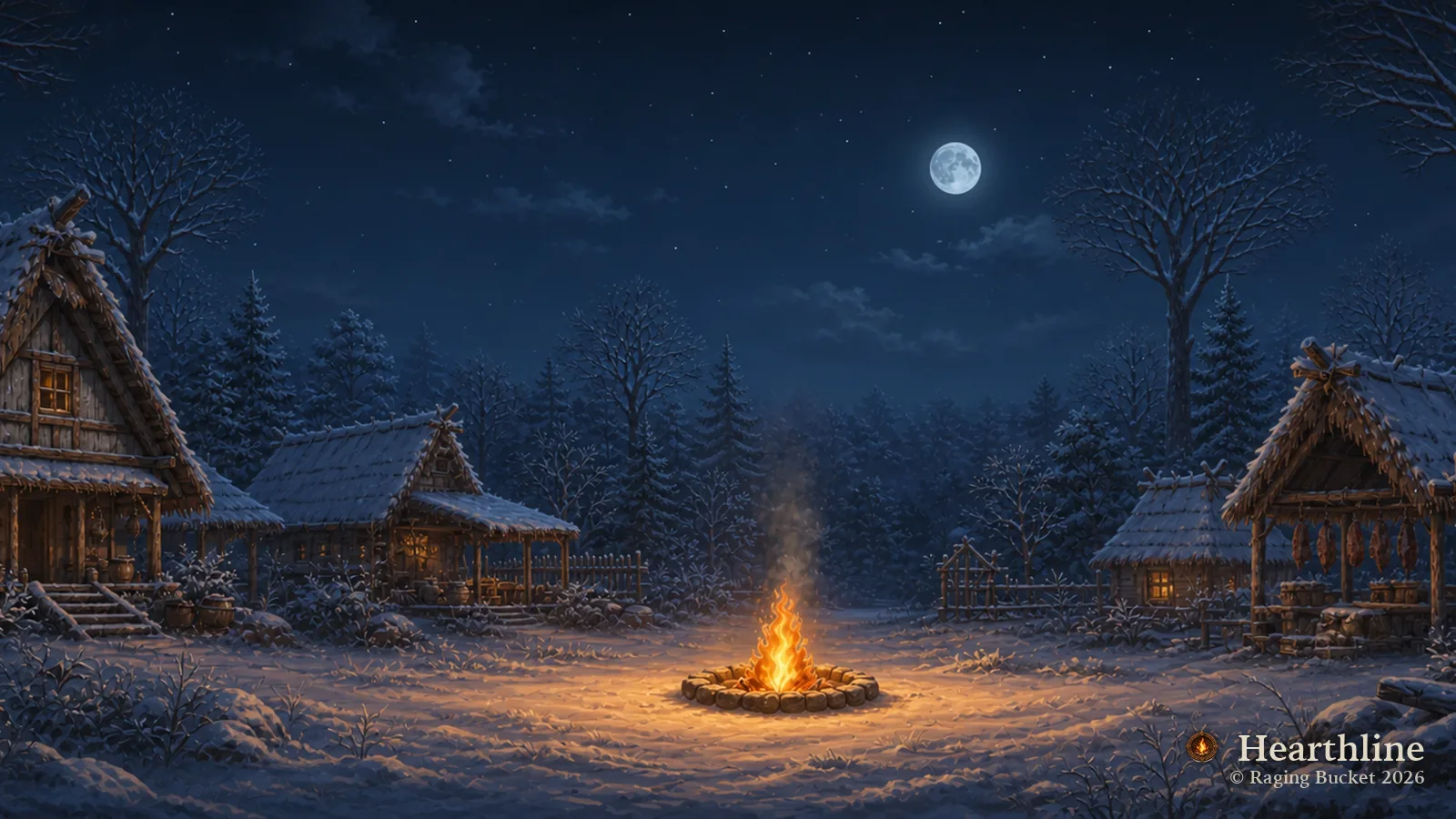 The Hearthline settlement — Winter, night